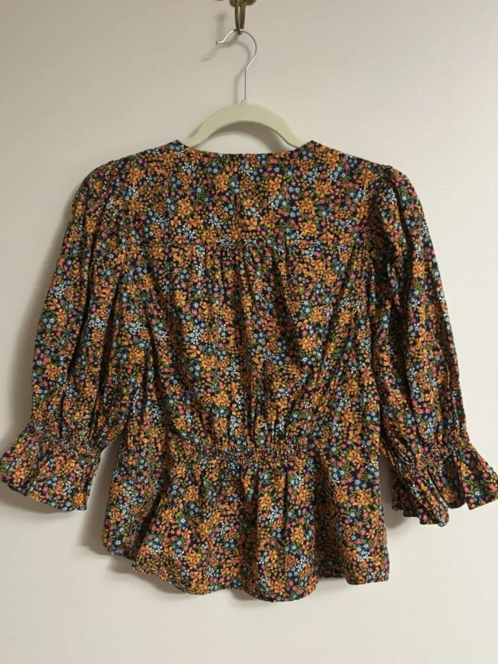 Free People Blouse I Found You Floral Mustard Navy Print w/ Puff Sleeves Medium